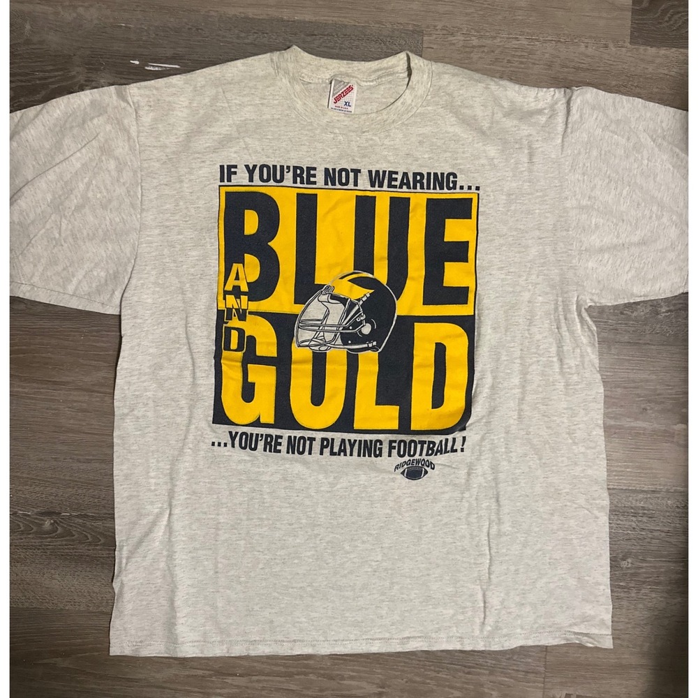 Jerzees Michigan Mens XL T Shirt Blue and Gold Football Graphic Tee Made in USA